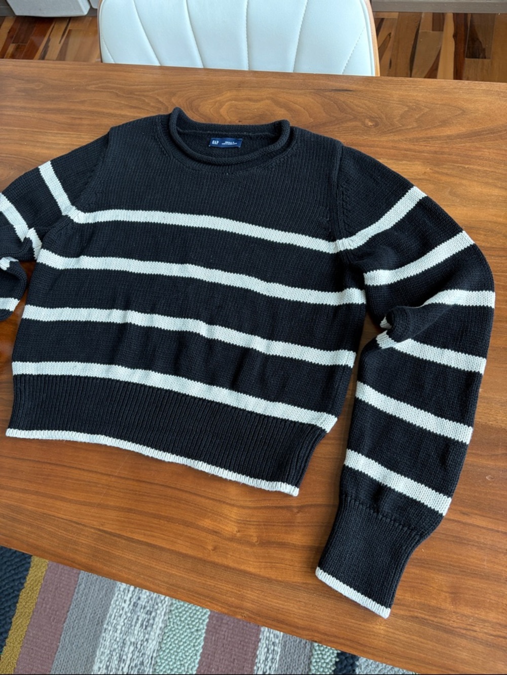 Gap Shrunken Roll Neck Sweater Cotton Black Off White Stripe Size Small - Picture 6 of 11